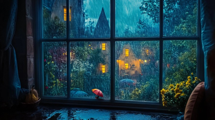 Disney-Style Heavy Rain Outside Window Scene