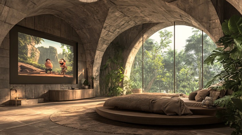 Modern Bedroom with Jungle View and Projector Screen