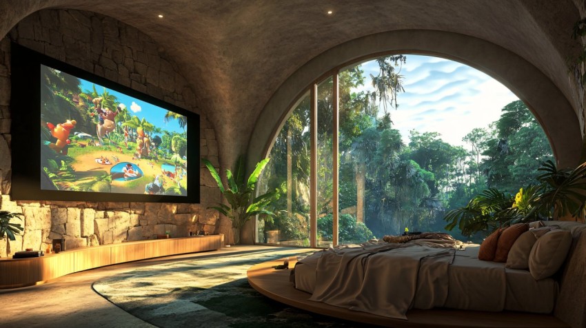 Modern Jungle-View Bedroom with Projector Screen