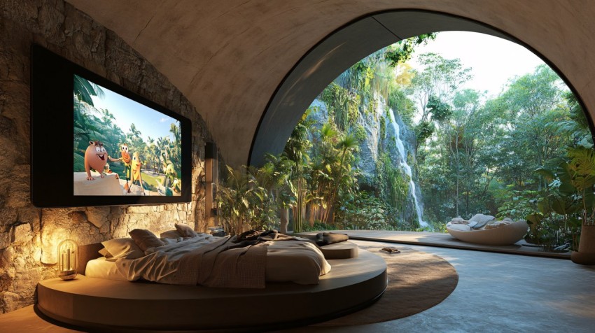 Modern Jungle-View Bedroom with Projector Screen