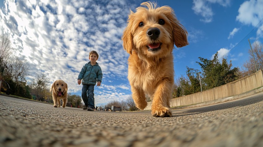 Children Walking a Dog with Fisheye Lens