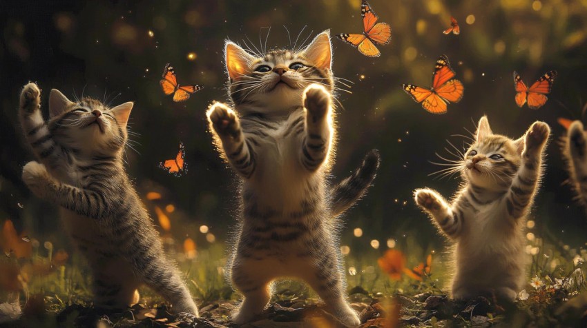 Cats Dancing with Butterflies in the Garden