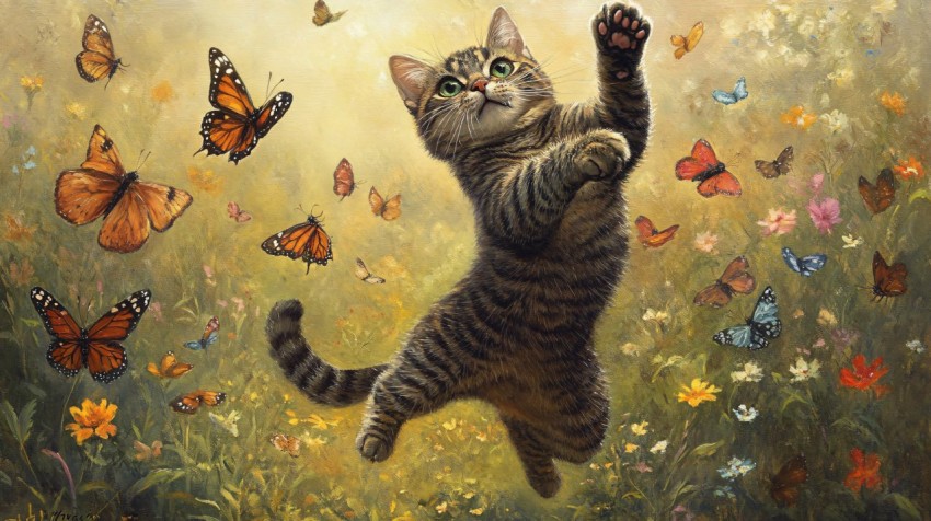 Cats Dancing with Butterflies in a Garden