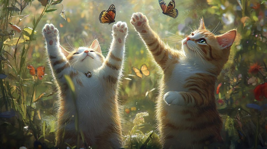 Cats Dancing with Butterflies in a Garden