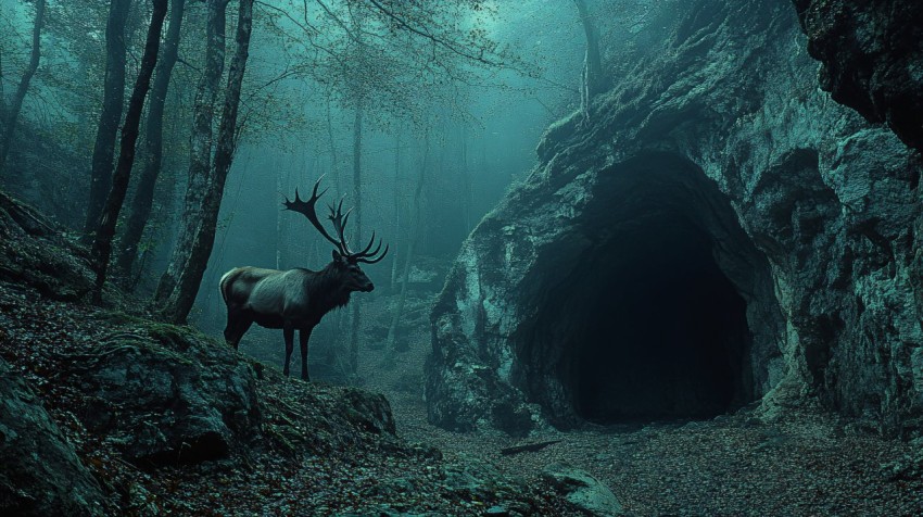 Lone Stag in Mysterious Forest Cave