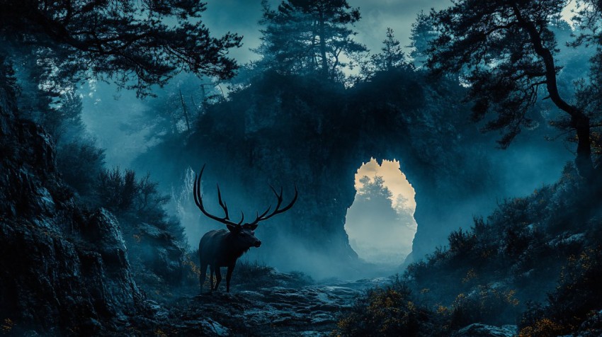 Lone Stag in a Mysterious Forest Setting