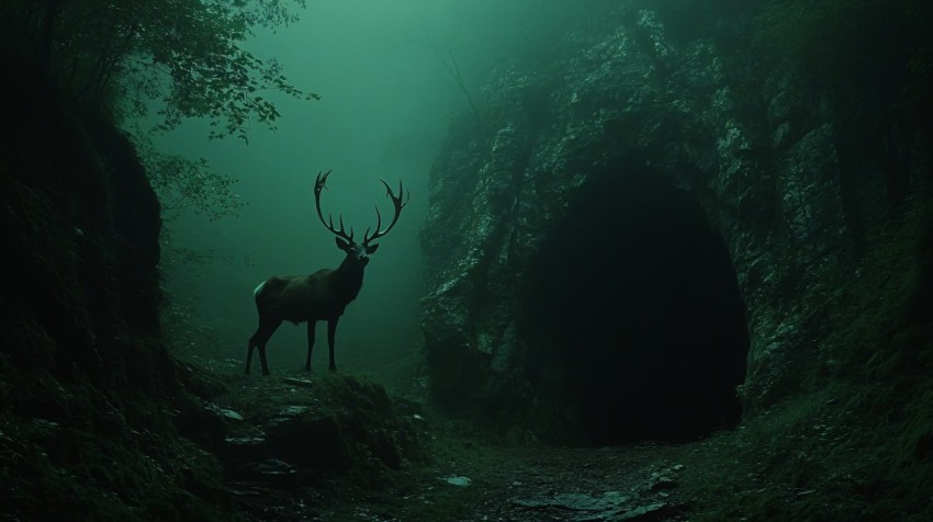 Lone Stag in a Mysterious Forest Scene