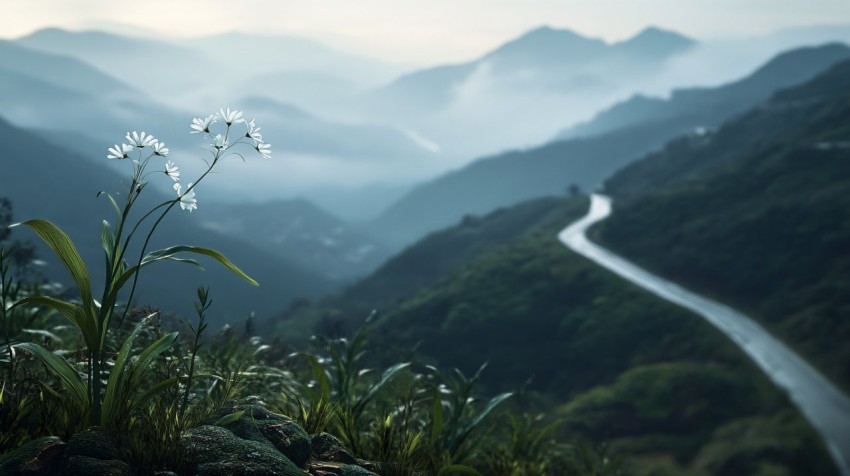 Mountain Road Surrounded by Misty Mountains