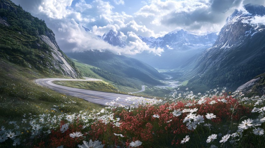 Winding Mountain Road in Misty Landscape