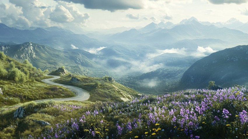 Winding Mountain Road in Misty Landscape