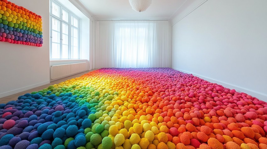 Colorful Yarn Pom-Poms in a White Room