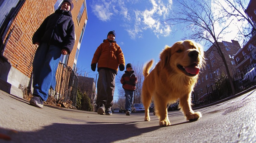 Children Walking a Dog with Fisheye Lens Perspective