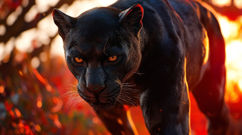 Black Panther Walking Relaxed on Red Background