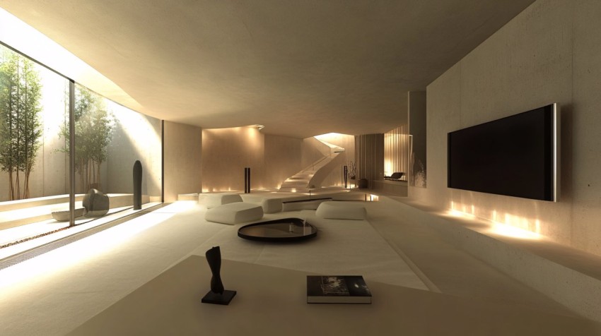 Minimalist Living Room with Fireplace and Abstract Art