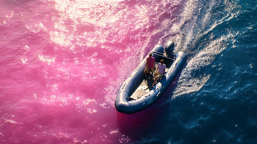 Zodiac Boat Speeding Over Pink Ocean Waters