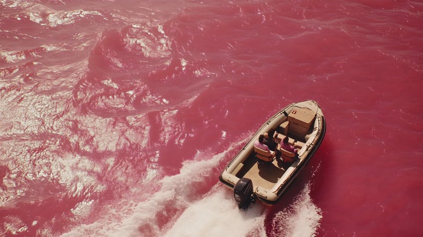 Speeding Zodiac Boat Over Pink Ocean Waters