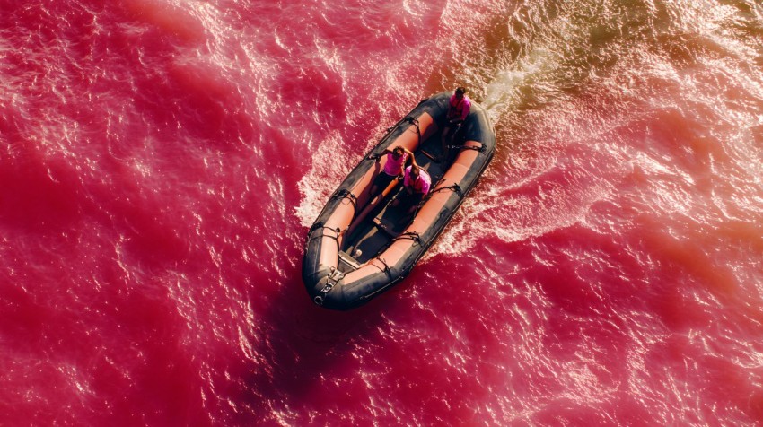 Speeding Zodiac Boat Over Pink Ocean Waters
