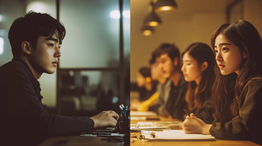 Young Koreans in Split-Screen Office Environment