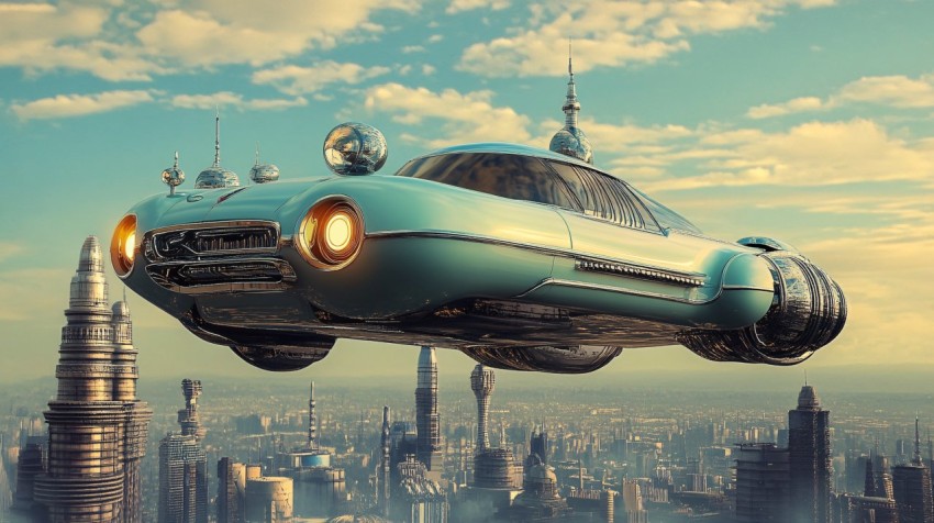 Flying Cars in Futuristic City Skyline at Night