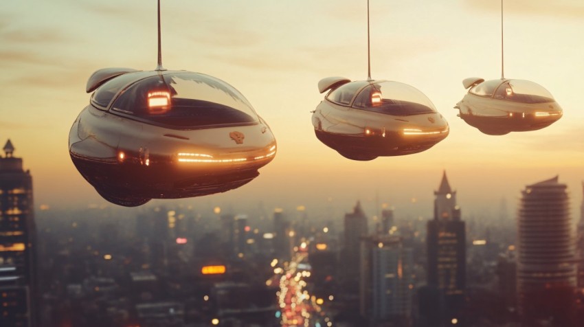 Flying Cars in a Futuristic City at Night