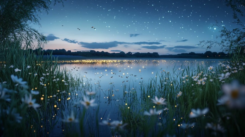 Moonlit Night with River, Reeds, and Fireflies