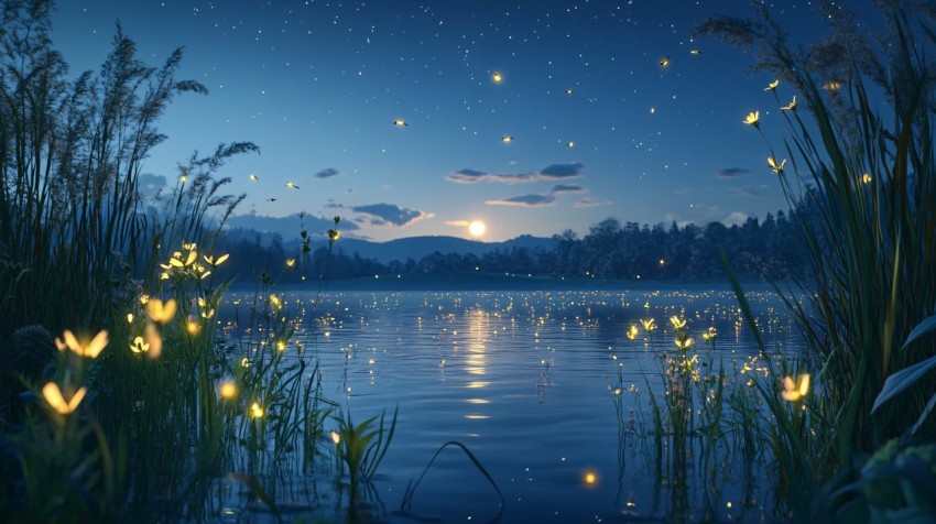 Moonlit River with Reeds and Fireflies at Night