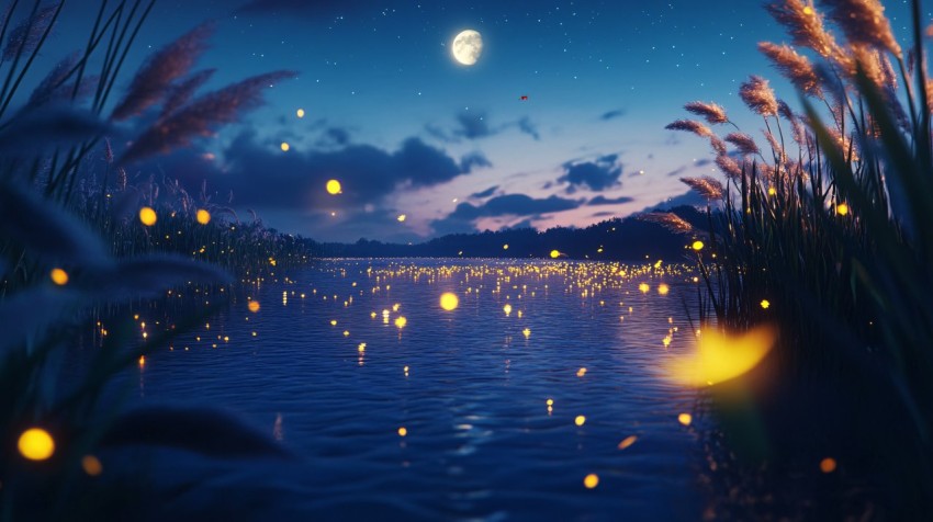 Moonlit River Scene with Fireflies and Reeds