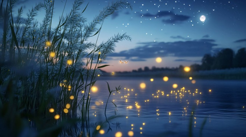 Starry Night Over Calm River with Fireflies