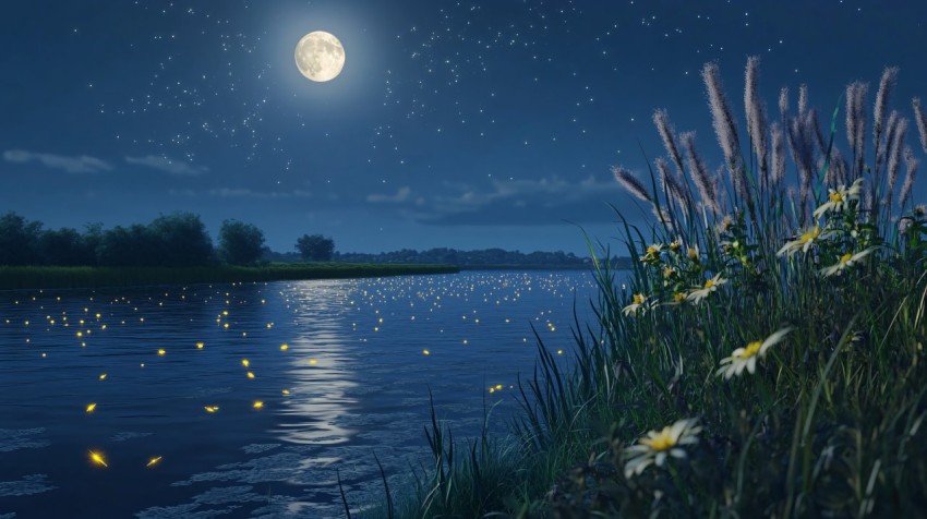 Moonlit River Scene with Fireflies at Night