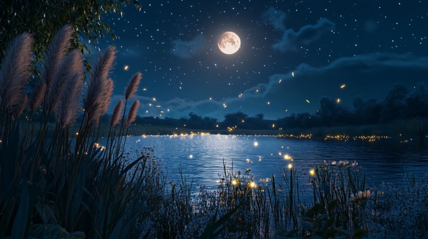 Moonlit River Night Scene with Fireflies and Reeds