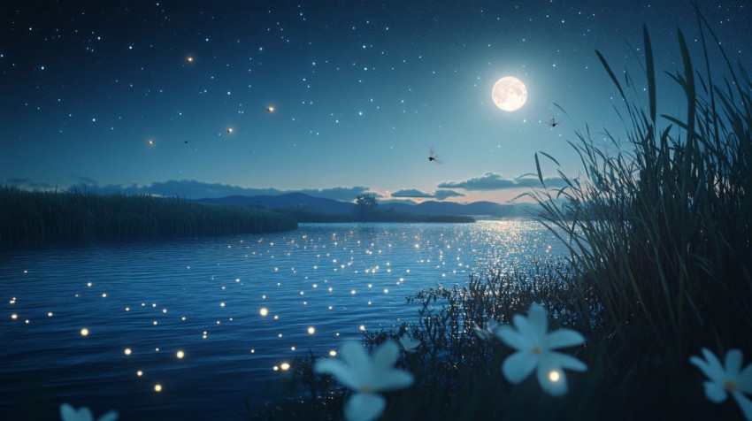 Moonlit Night River Scene with Fireflies and Reeds