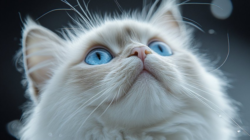 White Ragdoll Cat with Blue Eyes Looking Up