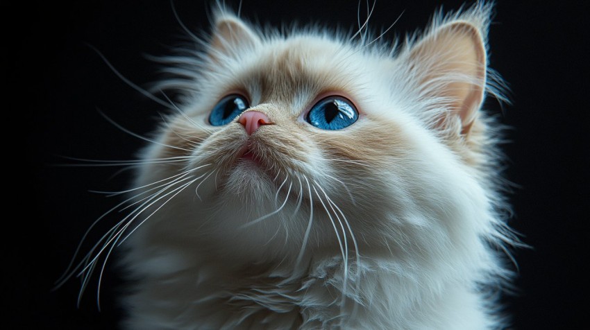 White Ragdoll Cat with Blue Eyes Looking Up