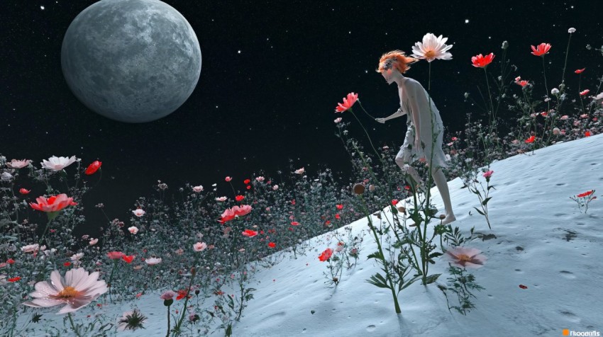 Surreal Flower Garden on the Moon Landscape