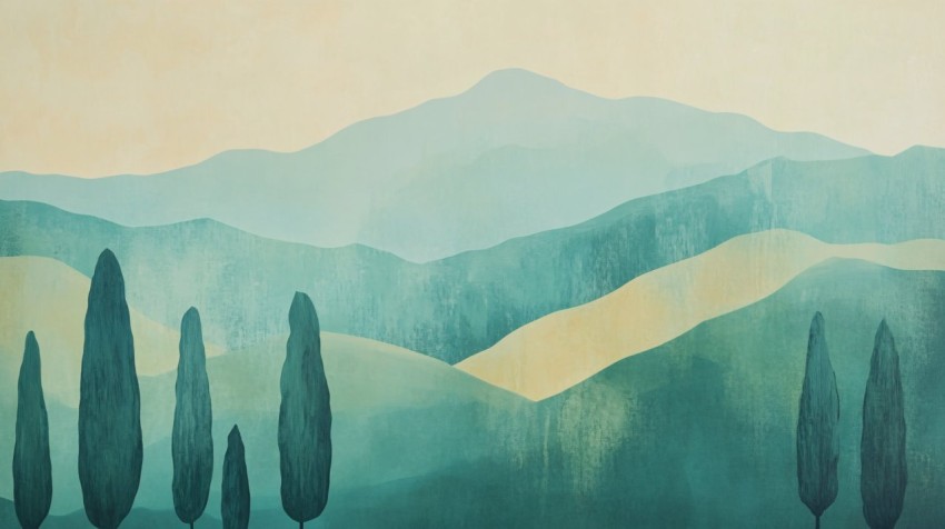 Soft Vintage Landscape Painting with Trees and Mountains