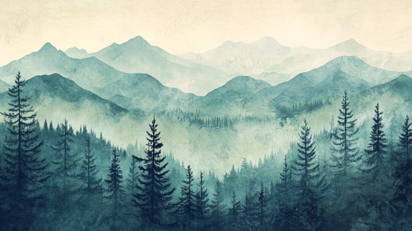 Vintage Landscape Trees and Mountains