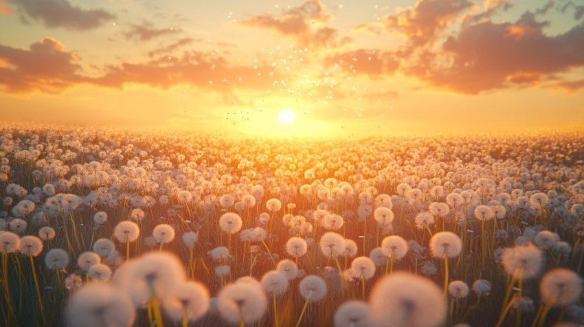 Dandelion Field at Sunrise with Drifting Seeds