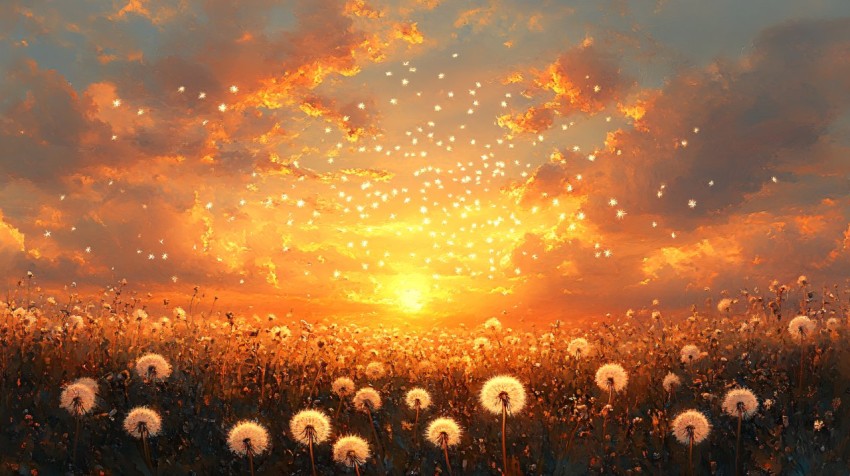 Dandelion Field at Sunrise with Golden Sky