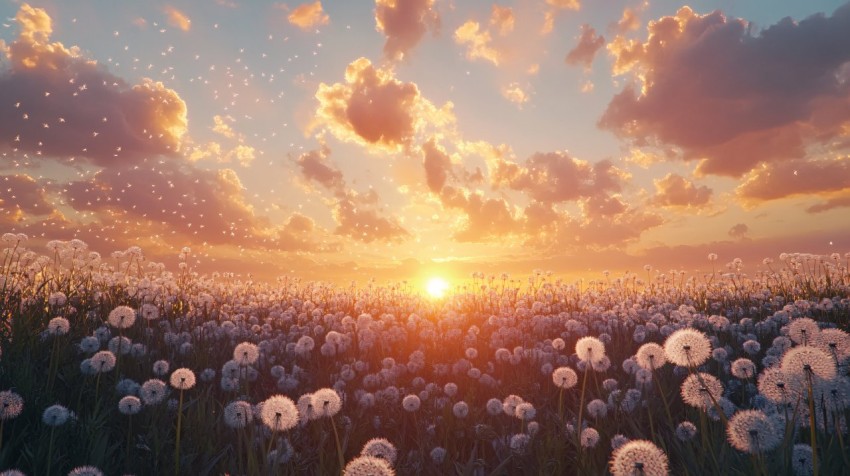 Dandelion Field at Sunrise with Golden Pink Sky