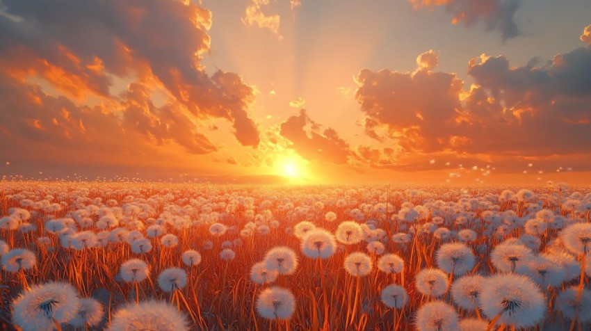 Dandelion Field at Sunrise with Golden and Pink Hues