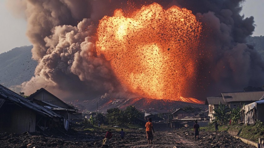 Giant Volcano Erupting with Destruction in Village