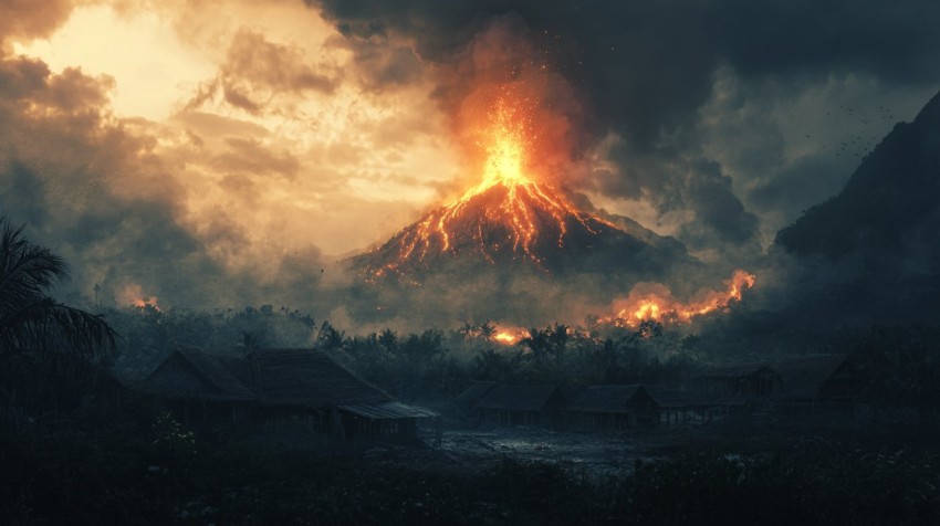 Giant Volcano Erupting with Lava, Village Destroyed