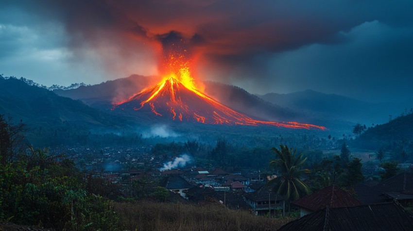 Massive Volcano Erupting, Destroying Nearby Village