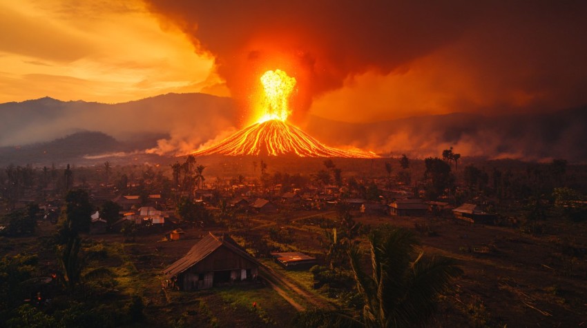 Giant Volcano Erupting, Destroying Village at Morning