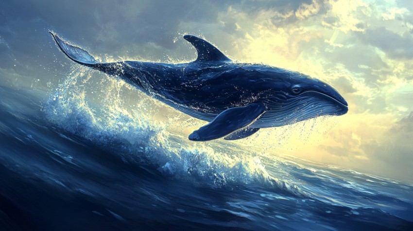 Whale Jumping Out of Deep Blue Ocean Scene