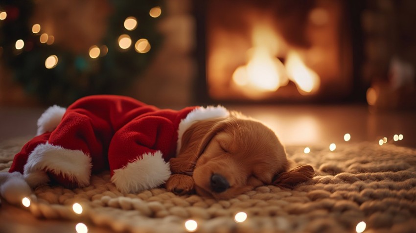 Irish Setter Puppy in Santa Suit by Fireplace