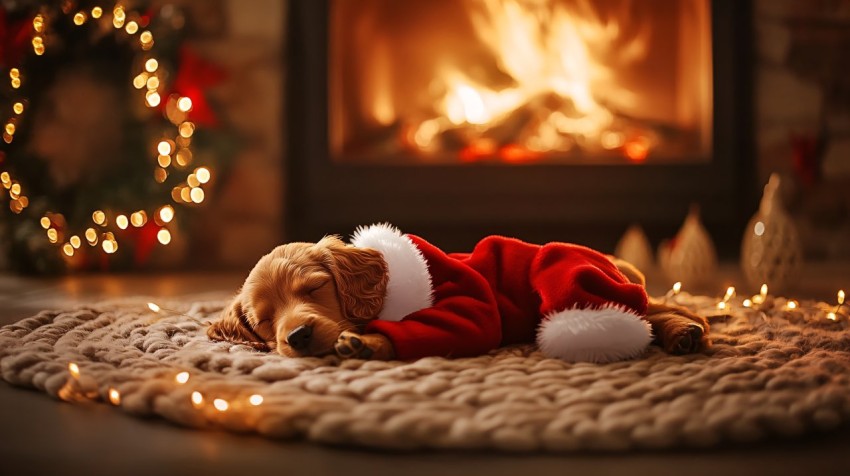 Irish Setter Puppy Sleeping by Cozy Holiday Fireplace