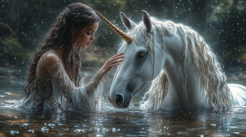 Maiden Reaching for Unicorn in Enchanted Forest