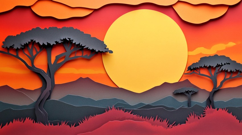 African Landscape Background in Paper Cutout Style