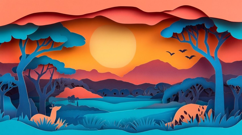 African Landscape Paper Cutout Style Scene Background